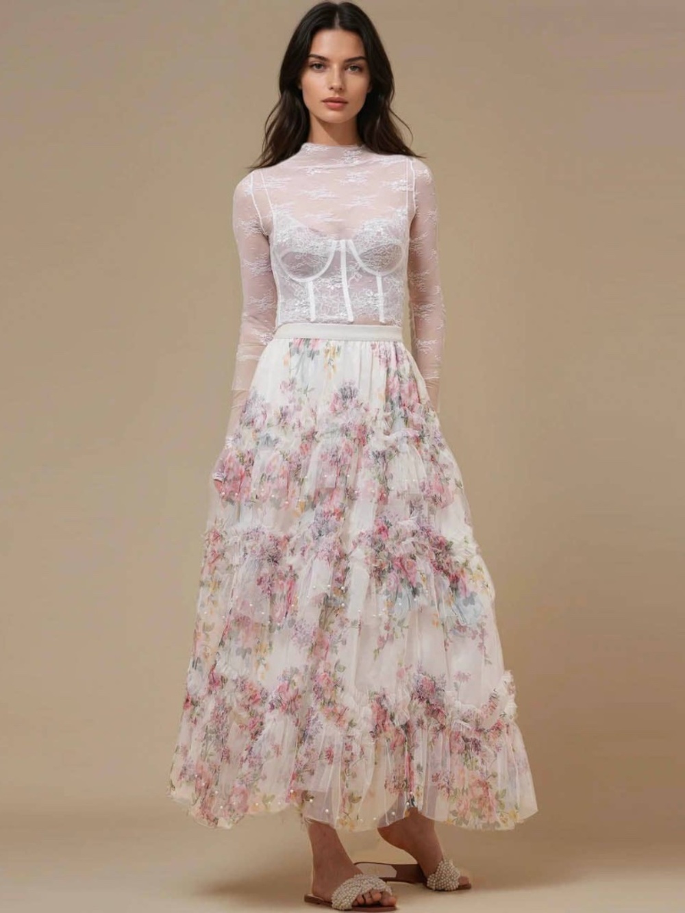 SM241 | Vintage Inspired Pearl Embellished Floral Maxi Skirt